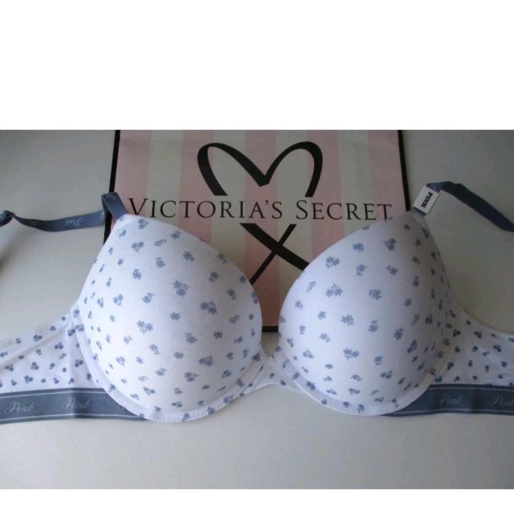 VICTORIA'S SECRET PINK Cotton Super Push-Up Bra 38B 38C 38D Floral Denim Blue